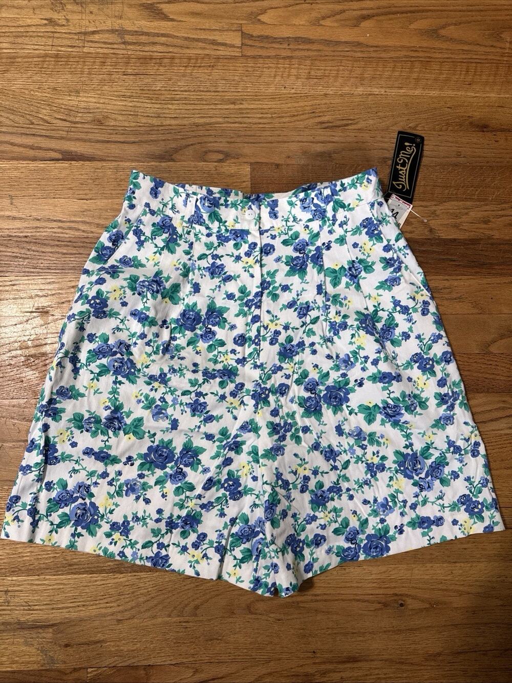 Vintage 90s Just Me Blue Floral High Waist Pleated Shorts Cotton Bermuda 14